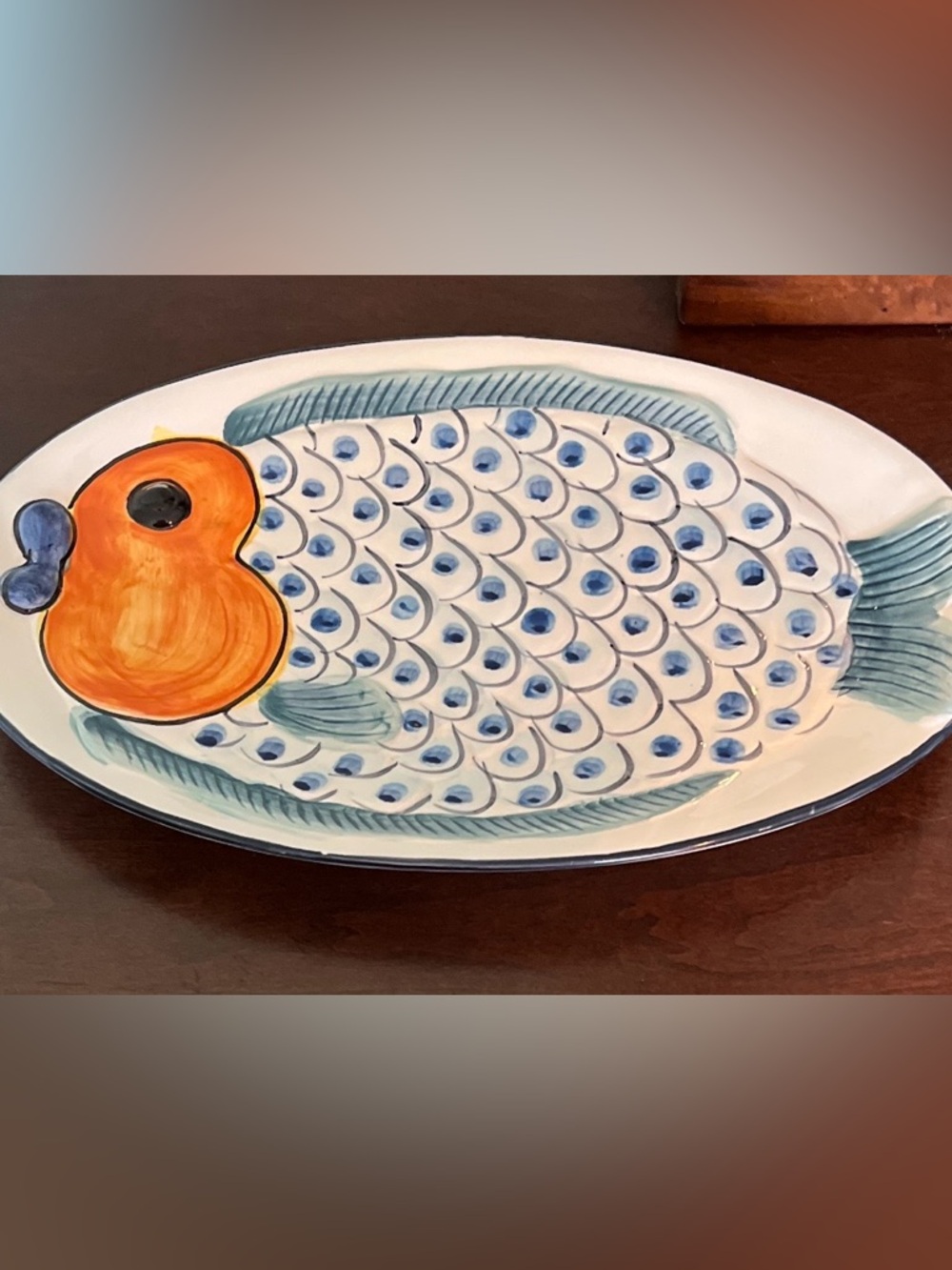 Fish Serving Platter - White, Blue & Orange Oval